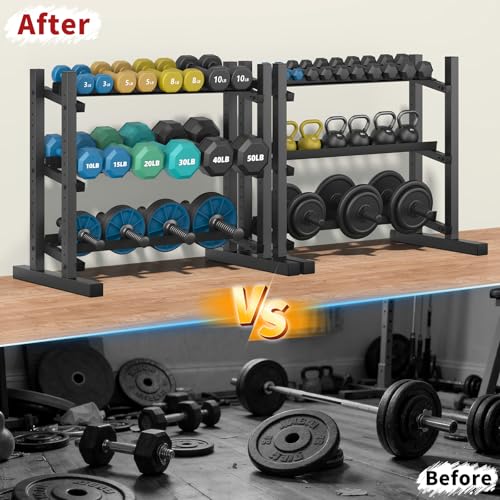 3-Tier Professional Dumbbell Rack, Commercial Grade Dumbbell Storage Rack,1300/1800LB Capacity with Barbell Holder, Adjustable Heavy-Duty Weight Rack for Home Gym, Weight Stand for Dumbbells, Kettlebells & Weight Plates (Rack Only)