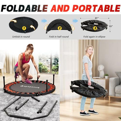 SkyBound Foldable Mini Trampoline - Fitness Rebounder with Quiet Bungees, U-Shape Adjustable Foam Handle, Stable Indoor Exercise Trampoline for Adults