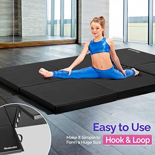 Matladin 6' Folding Tri-fold Gymnastics Gym Exercise Aerobics Mat, 6ft x 2ft x 2in PU Leather Tumbling Mats with Hook & Loop Fastener for Stretching Yoga Cheerleading Martial Arts - color: Black