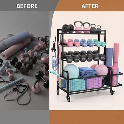 4-Tier Dumbbell Rack & Home Gym Storage, Heavy-Duty Weight Rack Stand with Lockable Wheels, 350LBS Capacity Workout Equipment Organizer for Kettlebells, Yoga Mats and Balls, Black