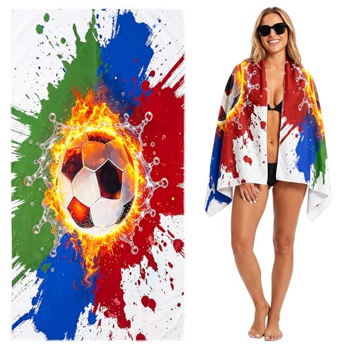 Large Soccer Beach Towel - 71" x 35" Oversized Microfiber Sand Free Quick Dry Absorbent Compact Sports Beach Towel for Pool Travel Gym Bath Camping - Cool Soccer Fan Gift for Men Women Summer Vacation - color: B-2soccer-ch