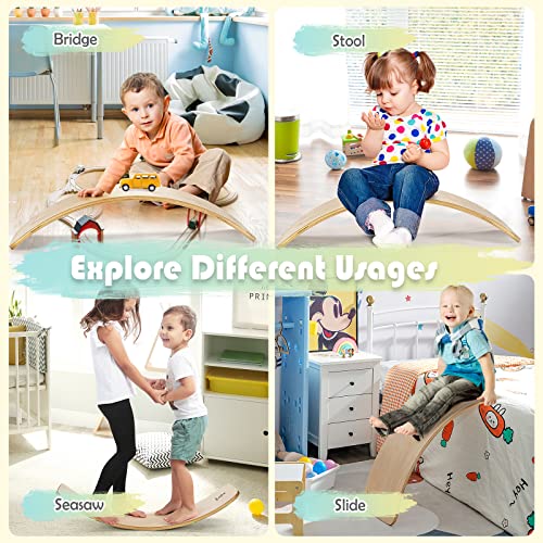 Goplus Wobble Board, 35Inch Wooden Balance Board for Kids & Adults Support 660LBS, Toddler Open-ended Learning Toy Yoga Curvy Rocker Board for Balance Training, Home Exercise (12 INCH Width)
