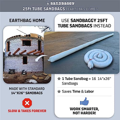 Sandbaggy 25 Ft Empty Tube Sandbags w/UV Protection | Builds Earthbag Homes Faster | Protects Homes & Businesses from Flooding | Military Grade | Can Be Filled with Gravel or Sand (5 Tube Bags) - size: 1 Count (Pack of 5)