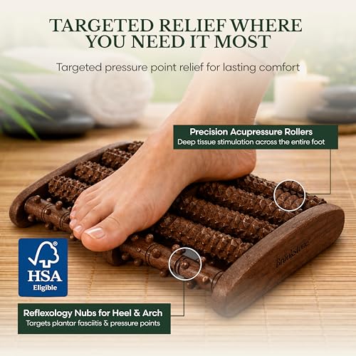 Brookstone Foot Massager Roller Plantar Fasciitis Pain Relief - Wooden Under Desk Feet Massage - Dual Manual Heel Massagers - Wood Rolling Acupressure Tool with Reflexology Guide - Gift for Men, Women