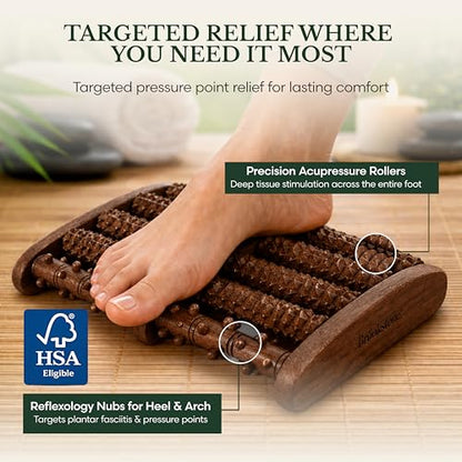 Brookstone Foot Massager Roller Plantar Fasciitis Pain Relief - Wooden Under Desk Feet Massage - Dual Manual Heel Massagers - Wood Rolling Acupressure Tool with Reflexology Guide - Gift for Men, Women