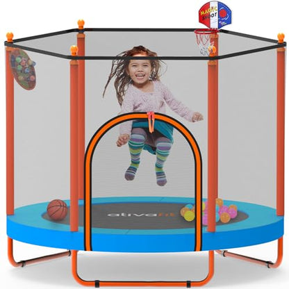 Ativafit 60'' Rebounder Trampoline Indoor Outdoor for Kids Ages 1-8, 5 FT Recreational Toddler Trampoline with Safety Enclosure Net Gifts with Basketball Hoop Dartboard Ocean Bal