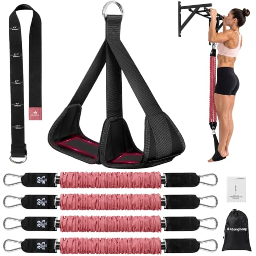 ALongSong Pull Up Assistance Bands with Foot Support Pedal - Upgraded Heavy Duty Resistance Bands Adjustable Weight/Height with Bands&Measured Strap for Strength Training Home Gym - color: Pink, size: 4 Bands with 80lbs