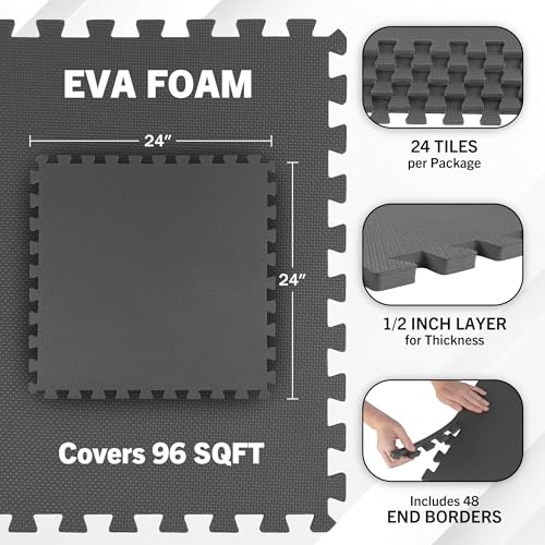EVA Foam Mat Tiles 24-Pack - 96 SQ FT of Interlocking Padding for Garage, Playroom, or Gym Flooring - Exercise Mat or Baby Playmat by Stalwart (Gray)