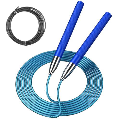 Speed Jump Rope for Men Women, Fitness Skipping Rope with Aluminium Handle and 2 Ropes, Self-Locking Design Adjustable Jumping Rope for Adult Workout Boxing - color: Blue