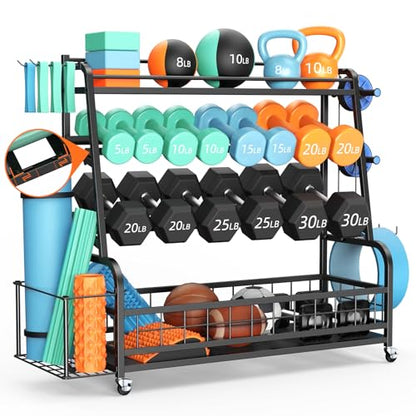 Dumbbell Rack Weight Stand - 4-Tier Adjustable Weight Rack for Dumbbells, Home Gym Storage Rack for Yoga Mat Foam Roller Kettlebells, Workout Equipment Storage Organizer With Wheels and Hooks
