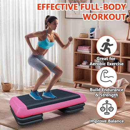 43" Aerobic Exercise Step Platform, Adjustable Aerobic Steppers with 4 Stackable Risers, Workout Stepper & Fitness Stepper for Home Gym Cardio Strength Training, Easy Storage, 550 LBS Capacity ﻿