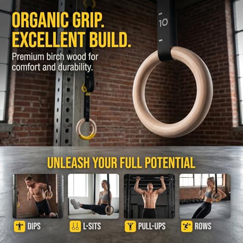 Gymnastics Ring, 32mm Wooden Olympic Gymnastics Ring, with a Digital Strap Length of 14.76FT that can be Quickly Adjusted, Suitable for Home Fitness and Strength Training Exercises