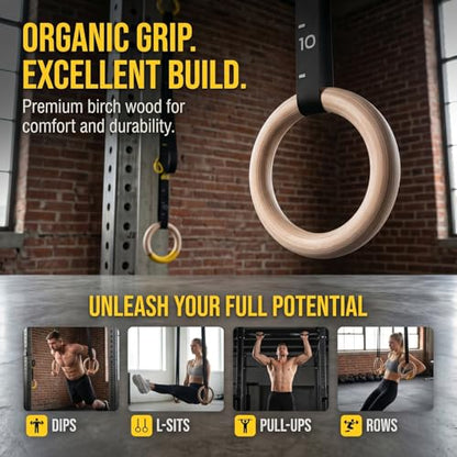 Gymnastics Ring, 32mm Wooden Olympic Gymnastics Ring, with a Digital Strap Length of 14.76FT that can be Quickly Adjusted, Suitable for Home Fitness and Strength Training Exercises