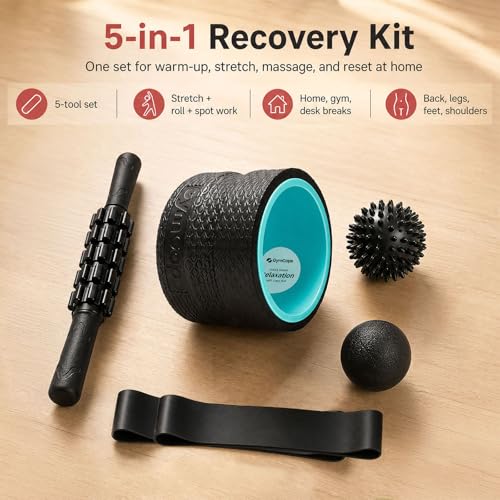 GymCope 5-in-1 Foam Roller Set with Back Roller, Massage Roller Stick, Spiky Ball, Fascia Ball and Stretch Band, 6 Inch Yoga Back Stretcher for Deep Stretch, Posture Support and Home Workout Recovery
