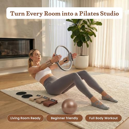 Premium 12pc Pilates Kit – 15 inch Pilates Ring and Ball Set w/ 1lbs Ankle Weights, Fabric Resistance Bands, Sliders, Yoga Socks & Gym Bag – Pilates Workout, Home Gym Equipment Accessories - color: Mocha Drive (Brown/Gray)