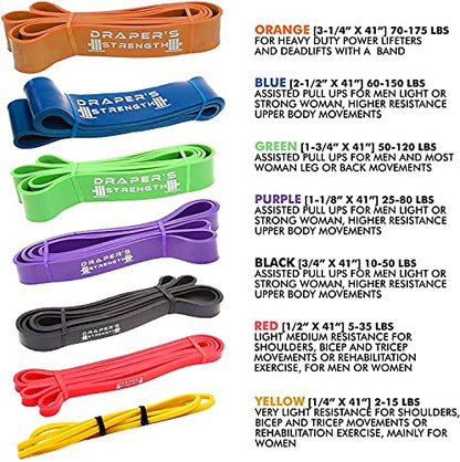 Draper's Strength Heavy Duty Resistance Stretch Loop Bands for Powerlifting Workout Exercise and Assisted Pull Ups - color: #13 6 Band Set Yellow-Blue
