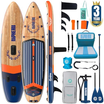 Niphean (Extra Large) Inflatable Paddle Board, SUP for 2+1 People/Family 500lbs Capacity Stand Up Paddle Board with SUP Accessories, StabilTrac Fin Non-Slip Paddleboard for Adults - color: Gray