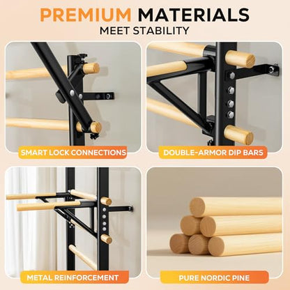 Swedish Ladder, Wood Stall Bar, Swedish ladders Wall Gym Adult, Adjustable Pull Up and Dip Station for Adults and Kids, 9-Anchor Solid Pine, Home Fitness