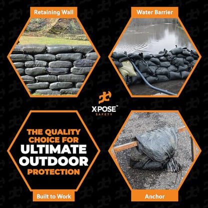 Xpose Safety Heavy Duty Sand Bags with Tie Strings – Empty Woven Polypropylene Sandbags for Hurricane Flood Protection, 100 lb Capacity, 14" x 26", Black, Pack of 10 - color: Black, size: 10 Sandbags