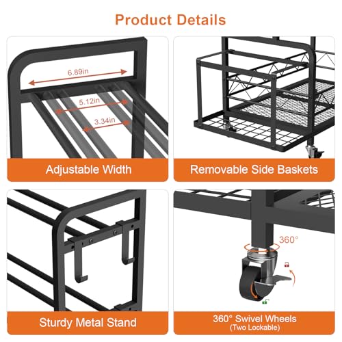 Dumbbell Rack, Adjustable Weight Rack for Home Gym, Metal Weight Stand for Dumbbells, Kettlebells, Yoga Gear, Multipurpose Workout Equipment Storage with 4 Wheels, Basket, Hooks, Black