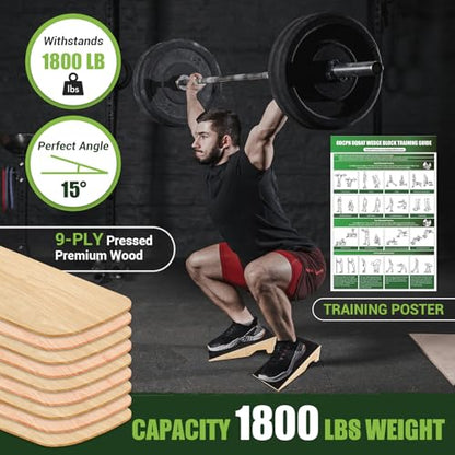 Squat Wedge Block, 2 Pcs Non-Slip Wooden Squat Wedge for Heel Elevation & Weightlifting with Training Poster & Storage, 1800 Lbs Capacity Exercise Slant Board for Calf Stretching & Ankle Mobility