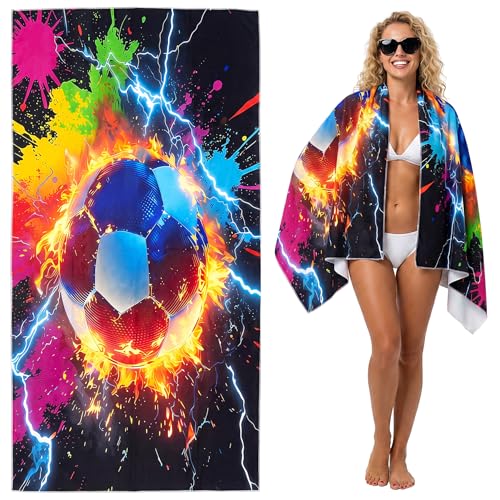 Large Soccer Beach Towel - 71" x 35" Oversized Microfiber Sand Free Quick Dry Absorbent Compact Sports Beach Towel for Pool Travel Gym Bath Camping - Cool Soccer Fan Gift for Men Women Summer Vacation - color: B1-soccer-ld