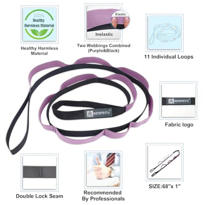 Half-Elastic Stretch Straps with 11 Loops, Stretching Strap for Physical Therapy, Multi-Loop Yoga Strap Fitness Exercise Strap for Yoga, Pilates, Dance, Flexibility&Exercise - color: Half Elastic-Purple