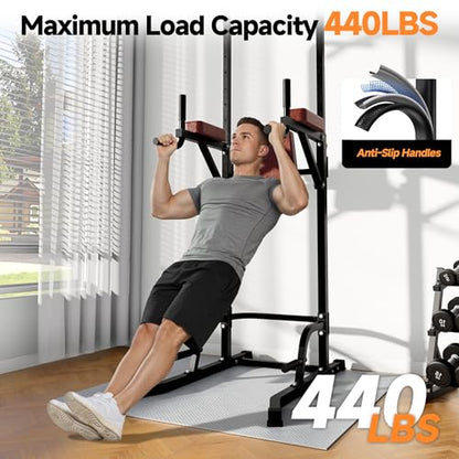 Power Tower Pull Up Station, Dip Station with Stable H-Shaped Base, Adjustable Height for Pull-Ups, Dips, Knee Raises & Calisthenics Training - color: Black/Brown