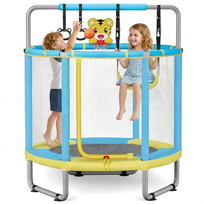55" Trampoline for Kids with Enclosure, 4-in-1 Toddler Trampoline Indoor Outdoor, 440lbs Capacity Upgrade Trampolines with Adjustable Gymnastics Bar & Toys, for Boys & Girls, Easy to Assemble