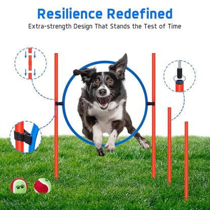 Dog Agility Equipment, Dog Obstacle Courses Backyard - Pet Outdoor Games w/Adjustable High Jump, Agility Weave Poles, Tunnel, Jumping Ring, Pause Box, 2 Balls,Whistle and Carrying Bag - size: 5 PCS Basic with tunnel
