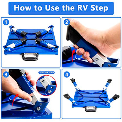 Aluminium RV Steps Adjustable Folding Step Stool with Non-Slip Rubber Feet, Stable Platform, Safety Strips, Handle, Easy Carry, Outdoor Camper Trailer Travel - Blue