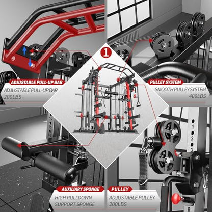 Smith Machine，Multi-Function Squat Rack Power Cage with Cable Crossover System,with Optional Weight Bench, Olympic Barbell Weight Set, for Home Gym
