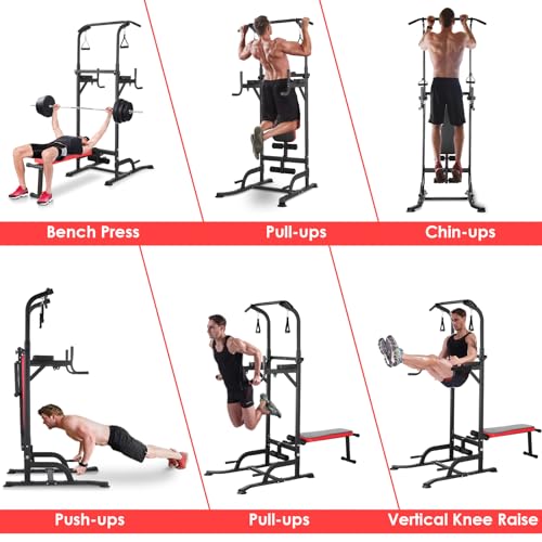 Power Tower with Bench, Pull Up Bar Stand, Dip Bar w/Folding Bench 4 Ropes Strength Training, Multi-Function Fitness Equipment for Home Gym, Adjustable Heights and Angles Dip Station, 400LBS