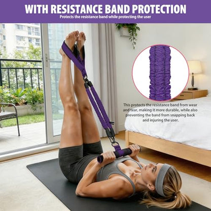 Pedal Resistance Band with Handle, 3 Tube Adjustable Resistance Bands for Abdomen, Upgraded Exercise Equipment with Soft Foot Pedal for Abs Arm Leg Waist Workout, Core Pilates (Purple)