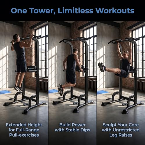BARWING Pull Up Bar Station, Power Tower, Dip Station with 3D Backrest, Multi-Function Strength Training Stand Rack, Adjustable Height Dip Bar for Home Gym Workout Stand Fitness Exercise Equipment