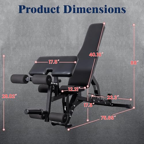 Adjustable Weight Bench, Adjustable Flat Incline Decline Home Gym Bench, Heavy-Duty 12-Gauge Steel Frame with Leg Extension and Preacher Pad for Small Space Apartment Room