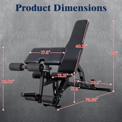 Adjustable Weight Bench, Adjustable Flat Incline Decline Home Gym Bench, Heavy-Duty 12-Gauge Steel Frame with Leg Extension and Preacher Pad for Small Space Apartment Room