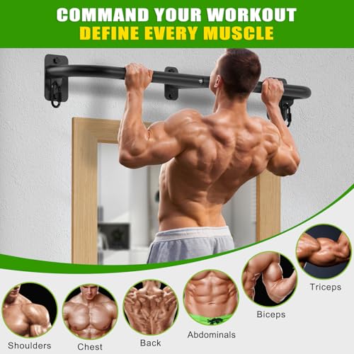 SELEWARE Heavy Duty Wall Mount Pull Up Bar, Joist Mount Chin Up Bar for Doorway, Sturdy Steel Construction, w/Resistance Band Hooks, Fits 32"/36" Wall Studs for Home Gym Strength Training - size: A: 32" x 1.3" Dia Grip