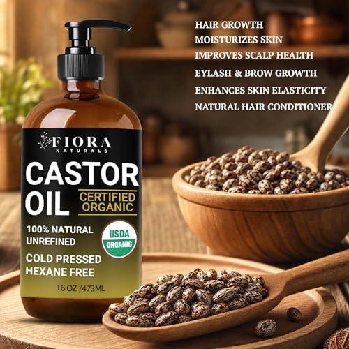Organic Castor Oil in Glass Bottle – 16 Oz Cold Pressed & Hexane-Free – USDA Certified – Skin Moisturizer, Hair Growth Oil For Lashes, Brows, Skin & Scalp – with Pump - size: 16 Fl Oz (Pack of 1)