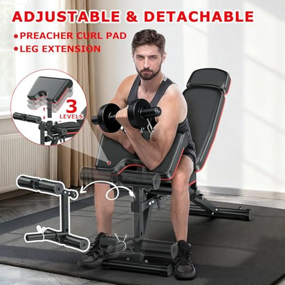 XDDIAS Workout Bench, Adjustable Weight Bench with Leg Extension and Leg Curl, Extended Headrest, 900LBS Preacher Curl Bench Incline Decline Flat Workout Bench for Home Gym Full Body Exercise