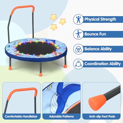 Goplus Foldable Toddler Trampoline for Kids, 36'' Recreational Mini Trampoline w/20 LED Lights, Foam Handle, Padded Safety Cover, Indoor Outdoor Exercise Rebounder for Boys Girls Aged 3-6 - style: Baby Blue-Ocean