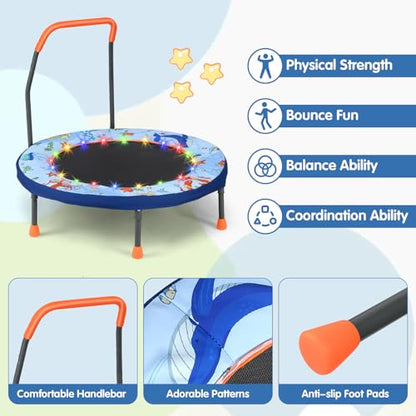 Goplus Foldable Toddler Trampoline for Kids, 36'' Recreational Mini Trampoline w/20 LED Lights, Foam Handle, Padded Safety Cover, Indoor Outdoor Exercise Rebounder for Boys Girls Aged 3-6 - style: Baby Blue-Ocean