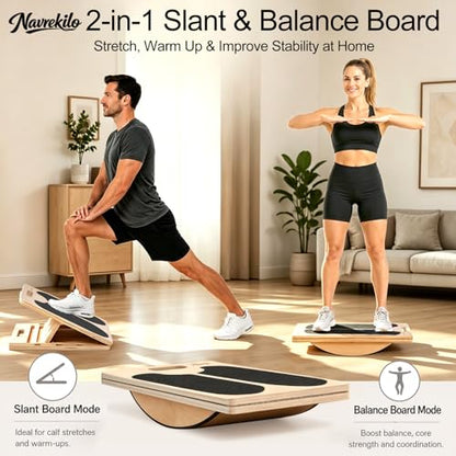 Wooden Slant Board for Calf Stretching and Achilles Stretch, 2-in-1 Adjustable Calf Stretch Board & Balance Board for Ankle Mobility, Physical Therapy and Stability Training
