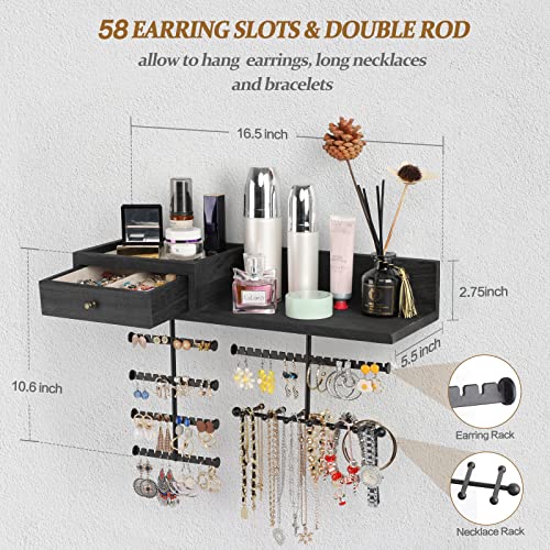 Jewelry Organizer Hanging Wall Mounted Jewelry Holder with Rustic Wood Drawer & Large Capacity Storage Shelf Rack Display for Earrings Rings Necklaces Bracelet(Black) - color: Black
