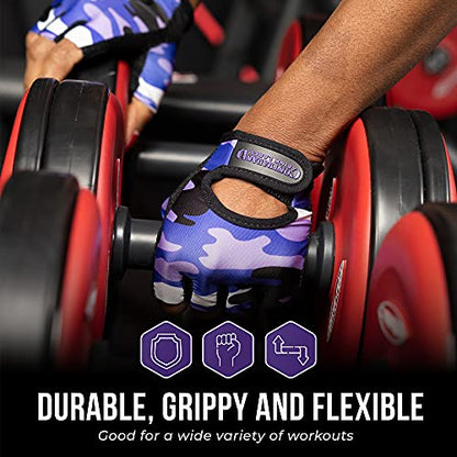 Contraband Pink Label 5217 Women's Design Series Camo Print Lifting and Rowing Gloves (Pair) - Lightweight Vegan Medium Padded Microfiber Amara Leather w/Griplock Silicone - color: Purple, size: Small