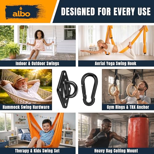 Albo Diamond Plate 2650lbs Swing Hangers 2 PCS - Heavy Duty Ceiling Mount Hooks with Snap Carabiners, 304 Stainless Steel for Wood & Concrete & Metal, Indoor Outdoor Anchor for Hammock, Yoga, TRX - size: Diamond 2pcs Black