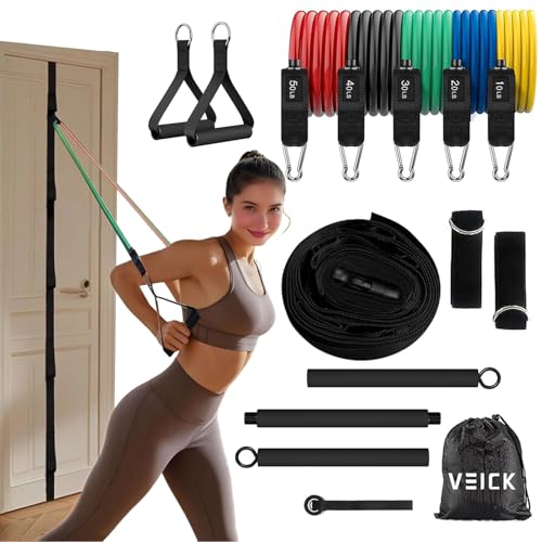 VElCK Resistance Bands Set with Handles for Exercise, Workout and Home Gym - color: Colorful, size: 10-150LBS + Door Anchor Strap + Pilates Bar