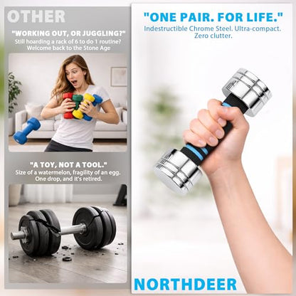 Northdeer Steel Dumbbells Ultracompact & Adjustable Chrome Dumbbell with Foam Handles 5lb 10lb 15lb 20lb 30lb 50lb Home Gym Workout (Choice of Size)