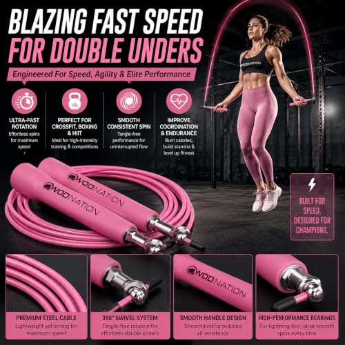 WOD Nation Adjustable Speed Jump Rope For Men, Women & Children - Blazing Fast Fitness Skipping Rope Perfect for Boxing, MMA, Endurance - color: Pink