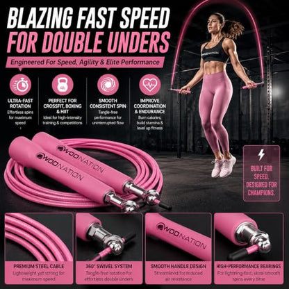 WOD Nation Adjustable Speed Jump Rope For Men, Women & Children - Blazing Fast Fitness Skipping Rope Perfect for Boxing, MMA, Endurance - color: Pink